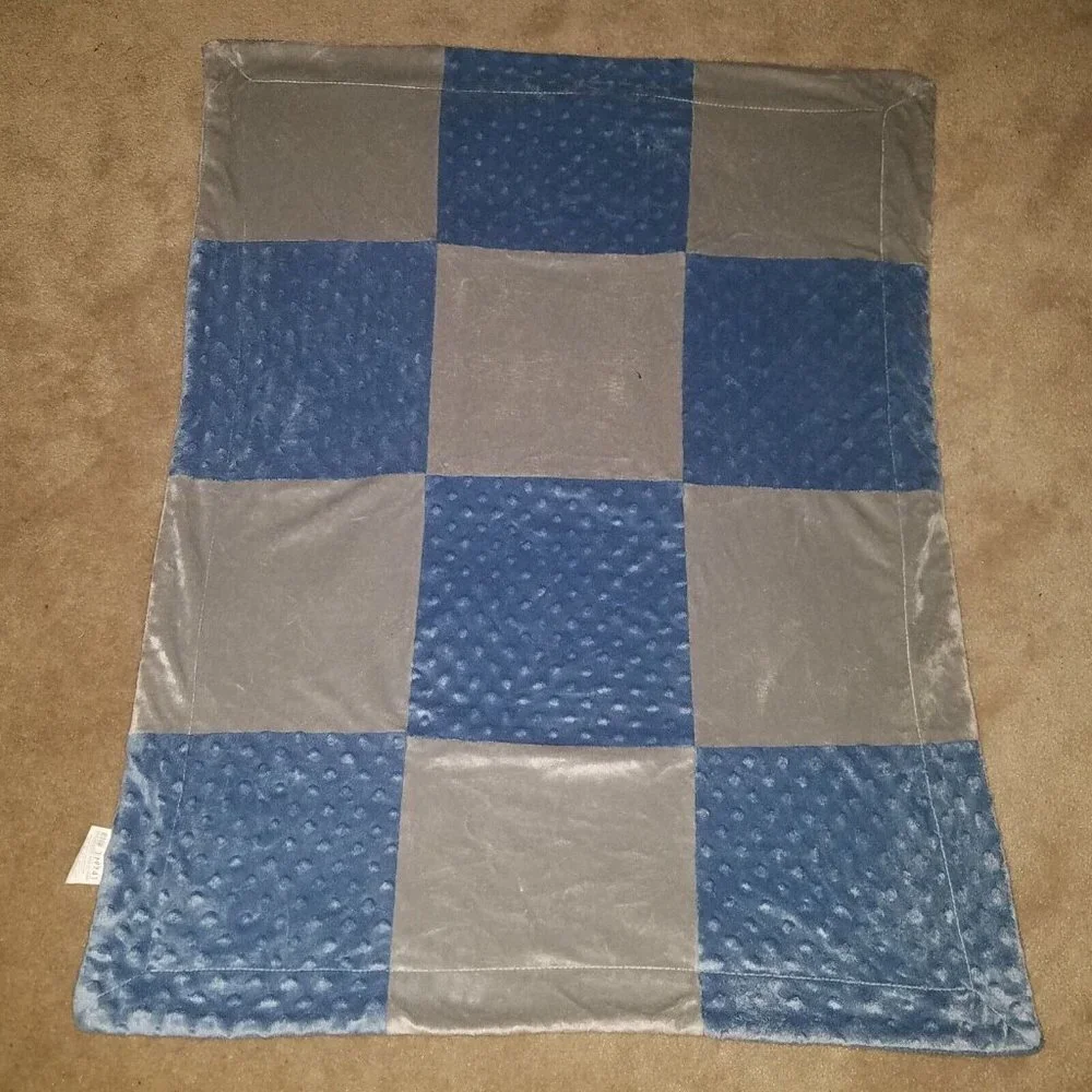 RN 119741 Blue Gray Patchwork Fleece Baby Blanket Lovey Minky Dot